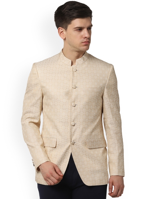 

Peter England Elite Men Beige Self-Design Slim-Fit Bandhgala Blazer