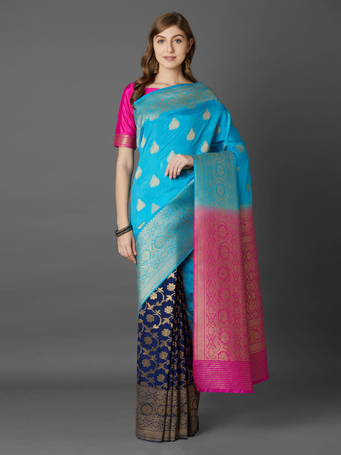 

Mitera Blue & Pink Silk Blend Woven Design Banarasi Saree