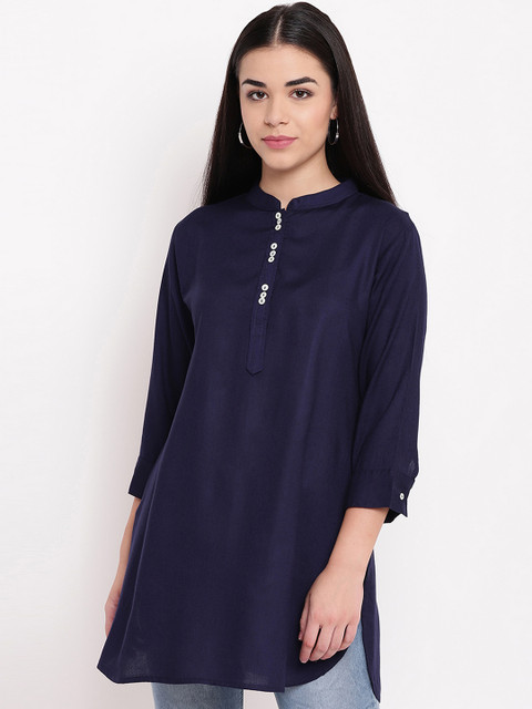 

FABNEST Apparel Women Navy Blue Woven Design Straight Kurti
