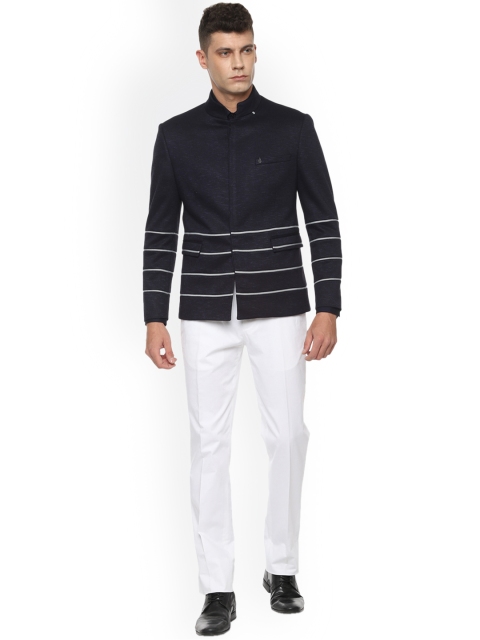 

V Dot Men Navy Blue & White Super Slim-Fit Bandhgala Suit