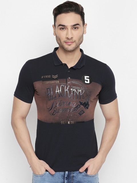

ZIDO Men Navy Blue & Brown Printed Polo Collar T-shirt