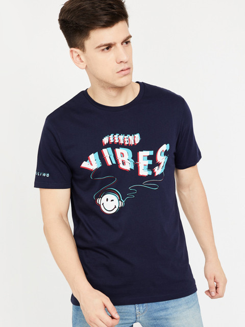 

Smiley World Men Navy Blue Printed Round Neck T-shirt