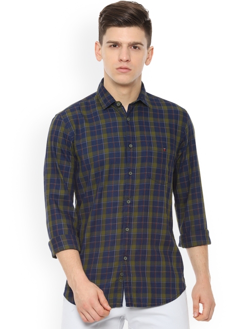 

Louis Philippe Jeans Men Navy Blue & Olive Green Skinny Fit Checked Casual Shirt