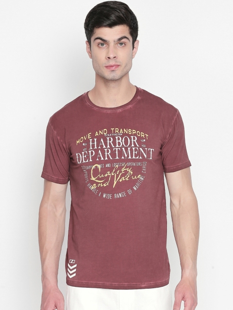 

ZIDO Men Maroon Printed Round Neck Pure Cotton T-shirt