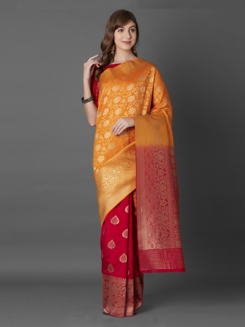 

Mitera Yellow & Maroon Silk Blend Woven Design Banarasi Saree
