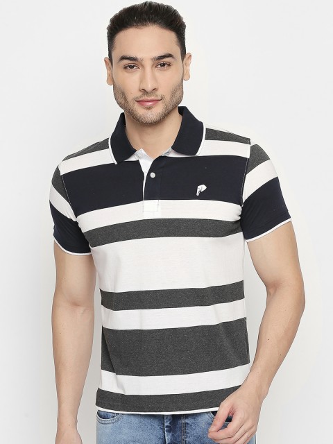 

ZIDO Men Black Striped Polo Collar T-shirt