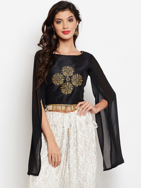 

studio rasa Women Semi-Dupion Printed Long Sleeve Crop Top, Black
