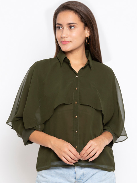

Iti Women Olive Green Solid Shirt Style Top