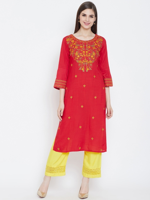 

Prakhya Women Red Embroidered Straight Kurta