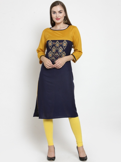 

WESTCLO Women Navy-Blue & Mustard Embroidered Straight Kurti