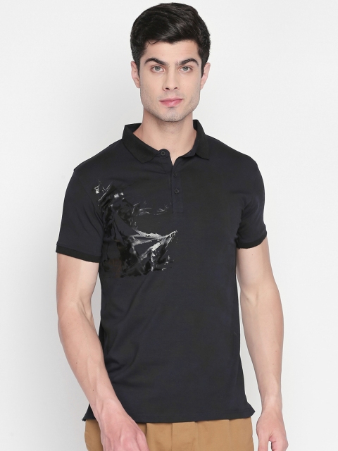 

ZIDO Men Navy Blue & Black Printed Polo Collar T-shirt