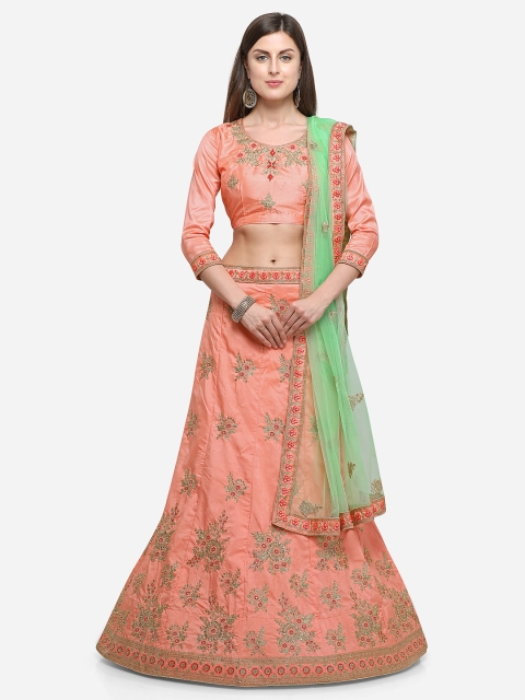

V SALES Peach-Coloured & Green Embellished Semi-Stitched Lehenga & Unstitched Blouse with Dupatta