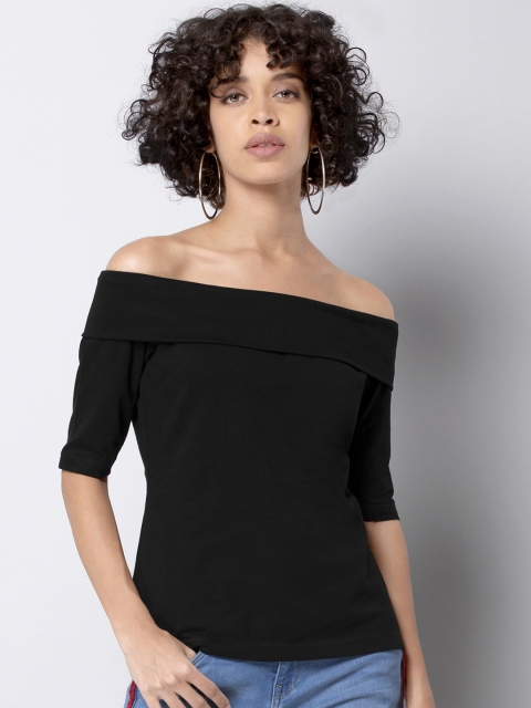

FabAlley Women Black Solid Bardot Top
