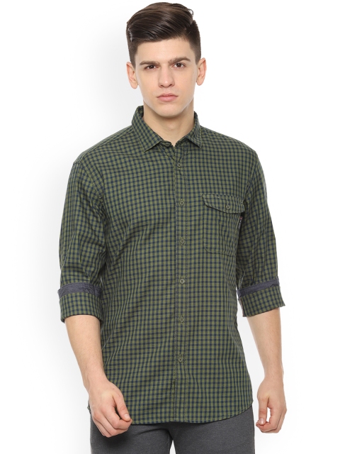 Louis Philippe Jeans Men Olive Green & Navy Blue Slim Fit Checked Casual Shirt