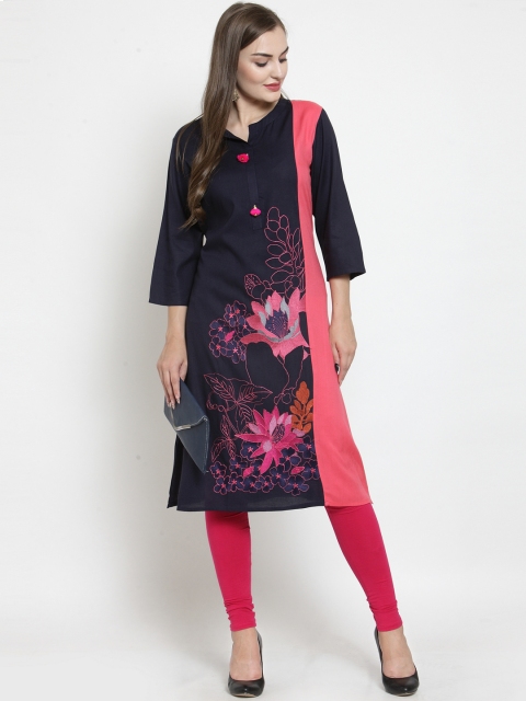 

WESTCLO Women Navy-Blue & Pink Embroidered Straight Kurti