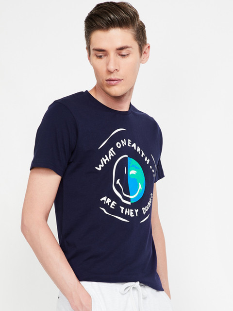 

Smiley World Men Navy Blue Printed Round Neck T-shirt