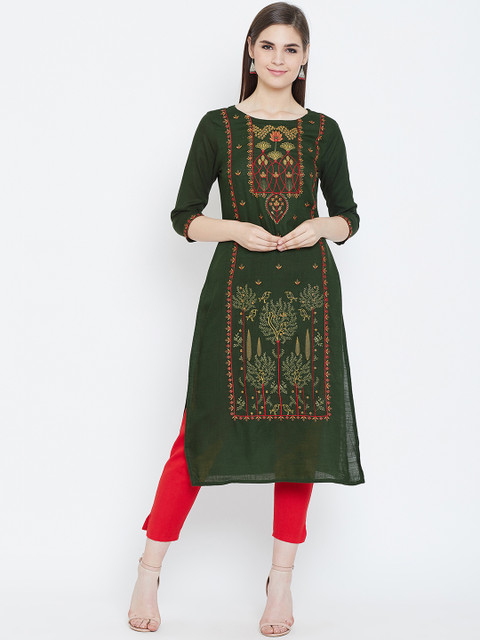 

Prakhya Women Green Embroidered Straight Kurta