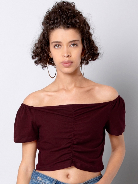 

FabAlley Women Maroon Solid Bardot Crop Top