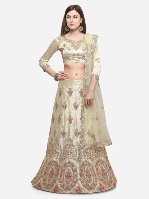 

V SALES Beige Embroidered Semi-Stitched Lehenga & Blouse with Dupatta
