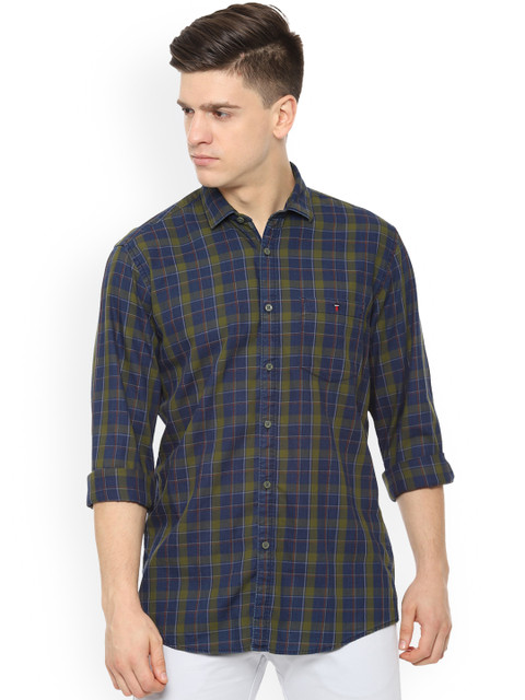 

Louis Philippe Jeans Men Navy Blue & Olive Green Tight Slim Fit Checked Casual Shirt