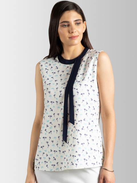 

FableStreet Women White & Blue Floral Printed Top