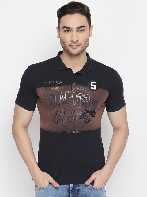 

ZIDO Men Navy Blue Brown Printed Polo Collar Pure Cotton T-shirt