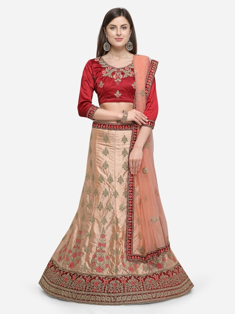 

V SALES Red & Peach-Coloured Semi-Stitched Silk Lehenga & Unstitched Blouse with Dupatta