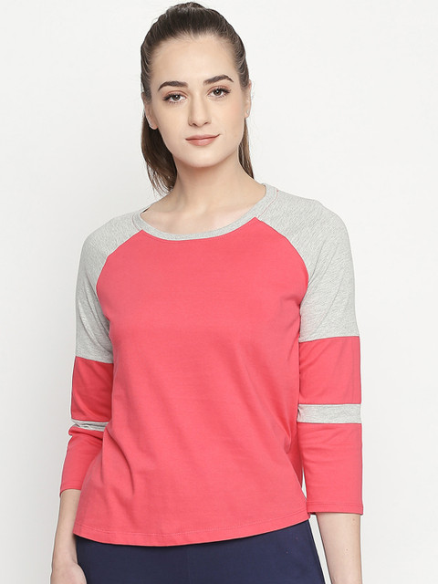 

Ajile by Pantaloons Women Pink Grey Colourblocked Round Neck Pure Cotton T-shirt