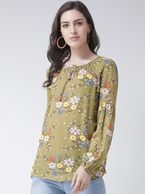 

The Vanca Women Olive Green Printed A-Line Top
