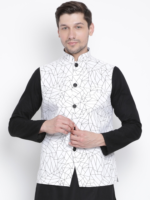 

VASTRAMAY Men White Printed Woven Pure Cotton Nehru Jacket