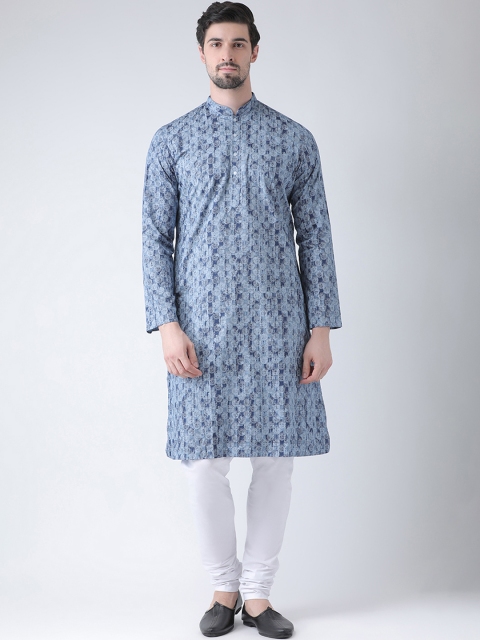 DEYANN Men Blue & White Printed Kurta with Churidar