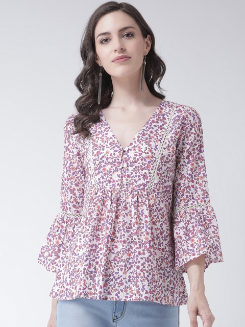 

The Vanca Women White & Purple Printed Peplum Top