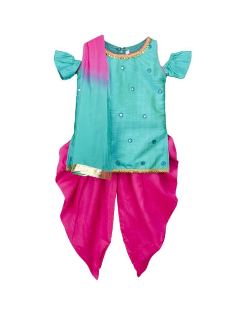 

KID1 Girls Green & Pink Embroidered Kurta with Dhoti Pants & Dupatta
