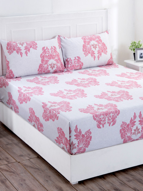 

MASPAR Pink & White Floral 400 TC Cotton 1 King Bedsheet with 2 Pillow Covers