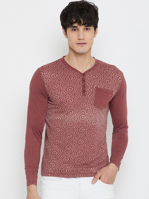 

Wear Your Mind Men Rust Printed Henley Neck T-shirt