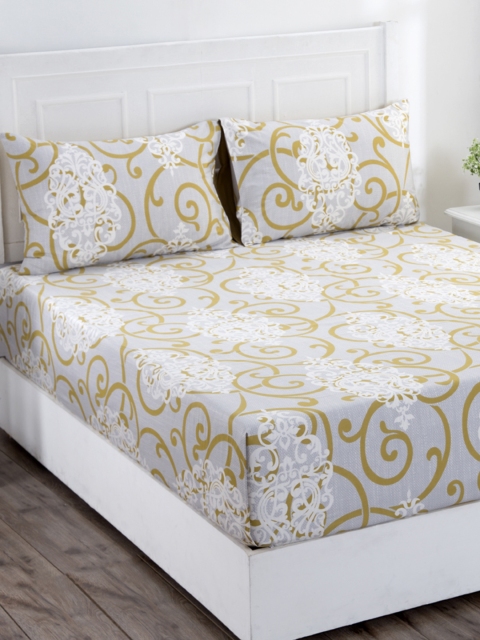 

MASPAR Green Floral 400 TC Cotton 1 King Bedsheet with 2 Pillow Covers