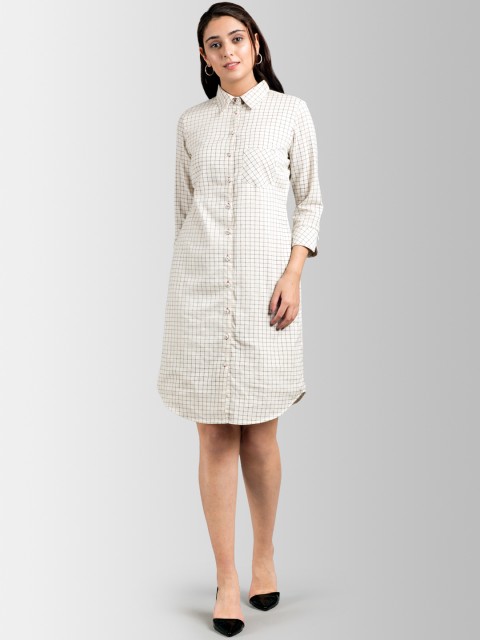 

FableStreet Women Cream-Coloured Checked Shirt Dress