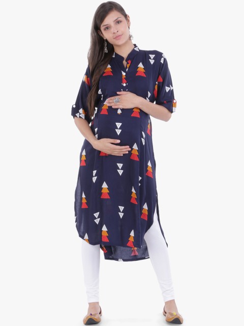 

MomToBe Women Blue Printed Straight Maternity Kurta