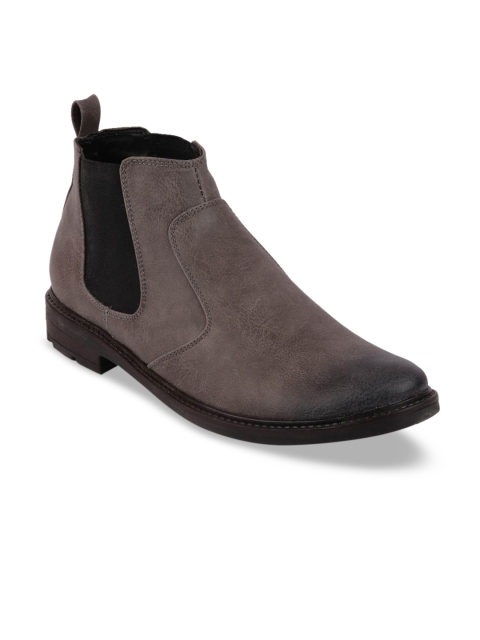 

FAUSTO Men Grey Colourblocked Leather Mid-Top Flat Boots