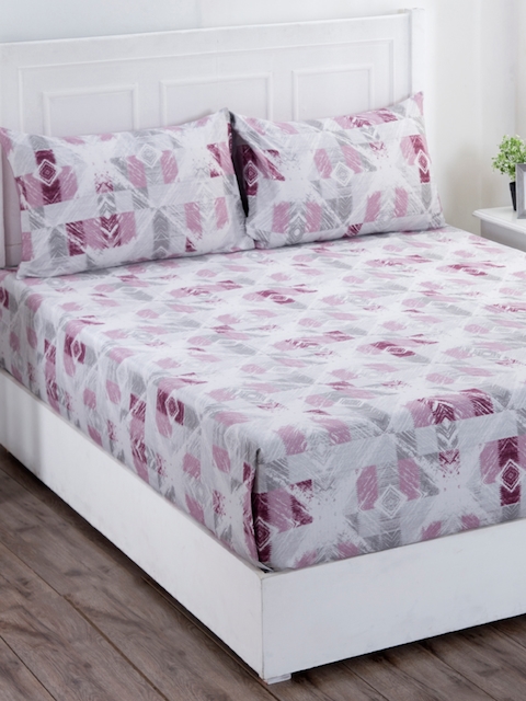 MASPAR Pink & Off-White Abstract 210 TC Cotton 1 King Bedsheet with 2 Pillow Covers