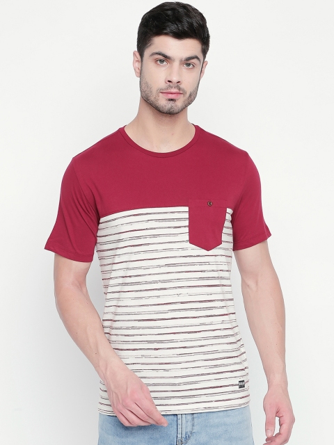 

Urban Ranger by pantaloons Men Maroon White Striped Round Neck Pure Cotton T-shirt