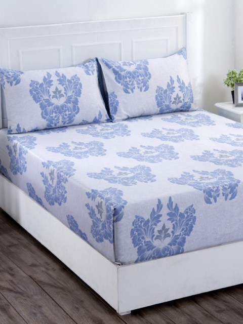 

MASPAR Blue & White Floral 400 TC Cotton 1 King Bedsheet with 2 Pillow Covers