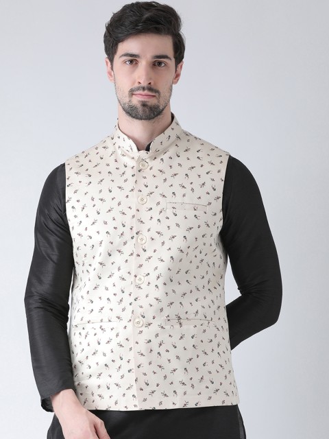 

Deyann Men Cream-Coloured Floral Printed Nehru Jacket