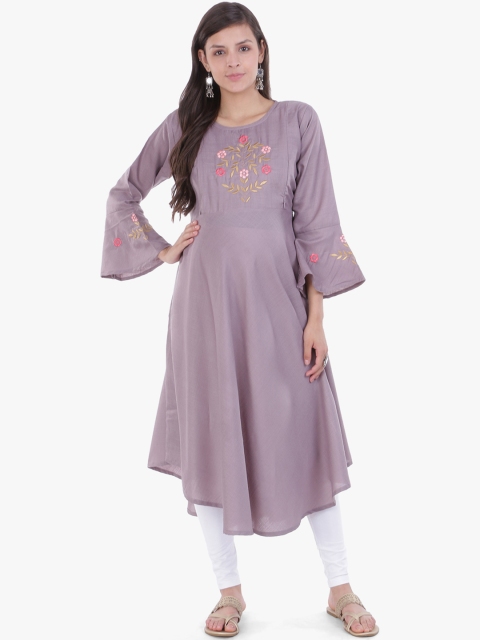 

MomToBe Women Grey Embroidered A-Line Maternity Kurta