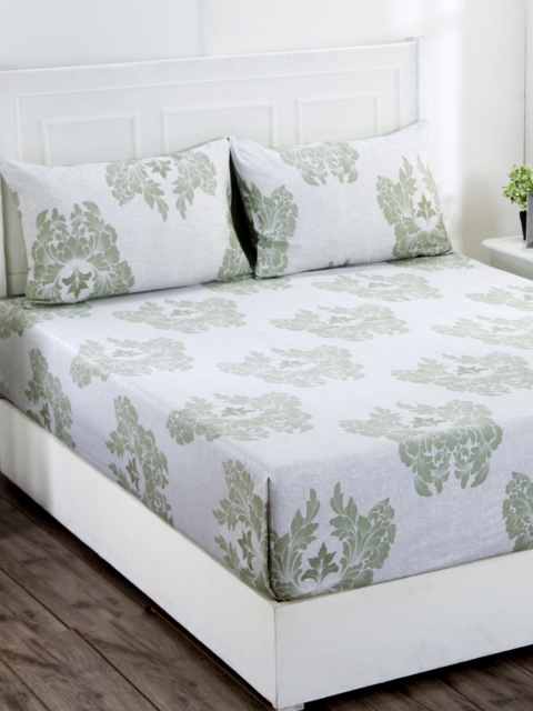 

MASPAR Green & White Floral 400 TC Cotton 1 King Bedsheet with 2 Pillow Covers
