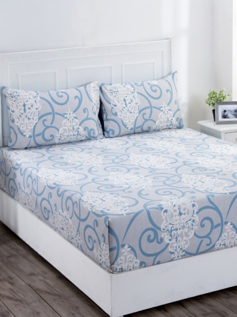 

MASPAR Blue & Grey Ethnic Motifs 400 TC Cotton 1 King Bedsheet with 2 Pillow Covers