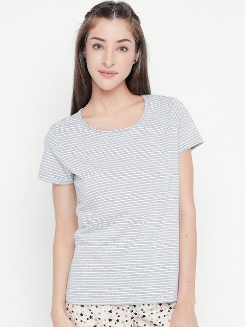 

Dreamz by Pantaloons Women Grey Striped Round Neck Lounge T-shirt