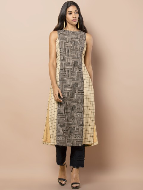 

INDYA Women Beige & Grey Printed Straight Kurta