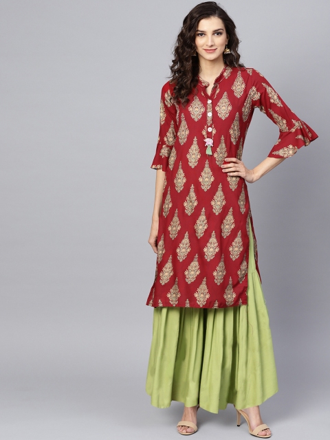

Ishin Women Maroon Printed Straight Kurta