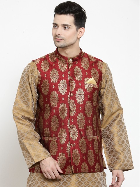 

NEUDIS Men Maroon & Gold-Toned Woven Design Nehru Jacket